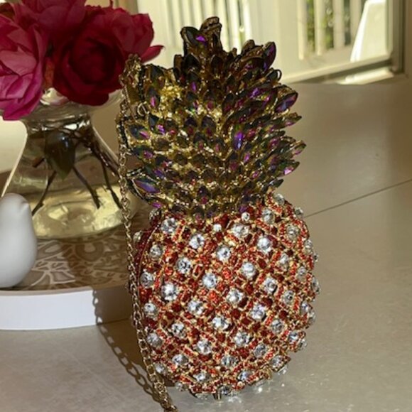 PINEAPPLE | Rhinestone Evening Clutch Purse with Gold chain-Vintage - Picture 3 of 13